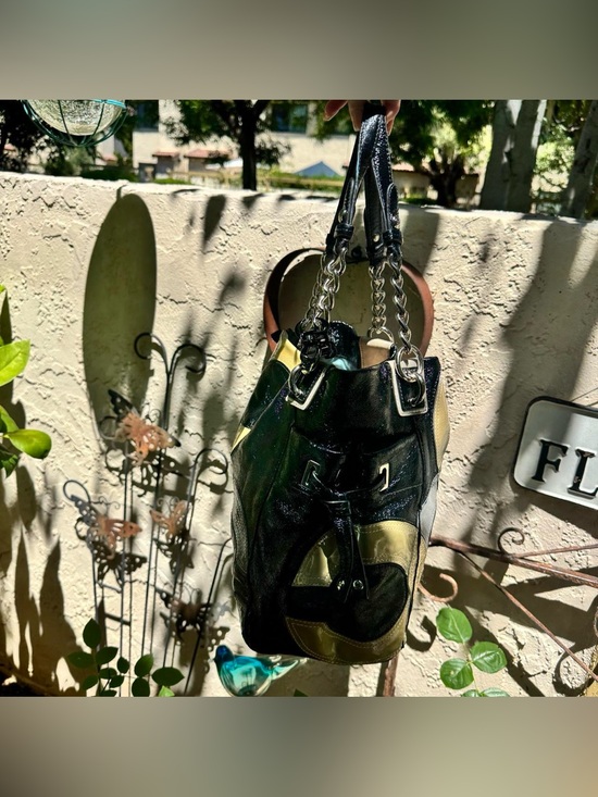 Stylish Black Patchwork Tote Bag with Metallic Accents